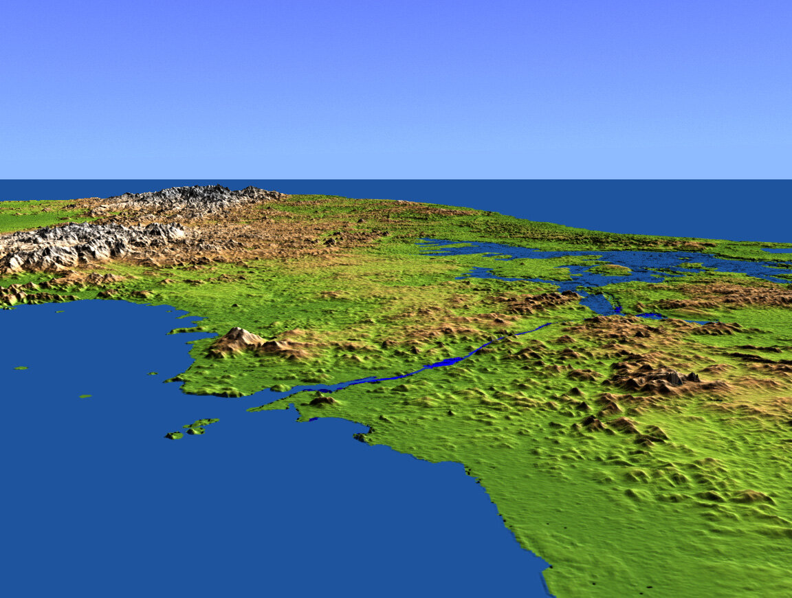 Shaded-relief elevation view of the Panama isthmus from orbit, showing the canal cut between the oceans and the elevated lake that feeds the locks