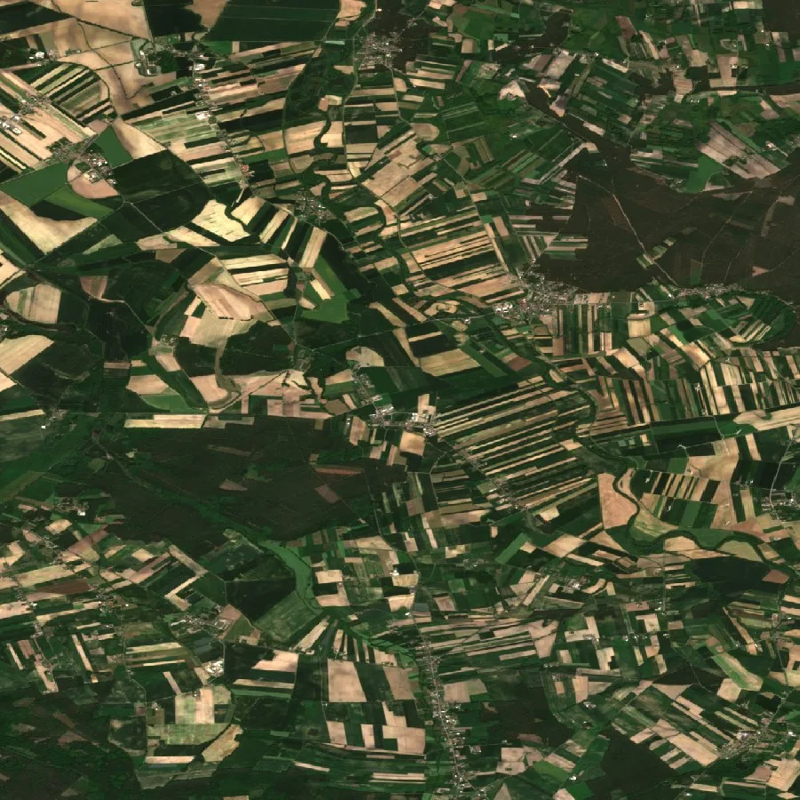 A mosaic of farmland seen from orbit, each parcel a distinct shade of growing crop