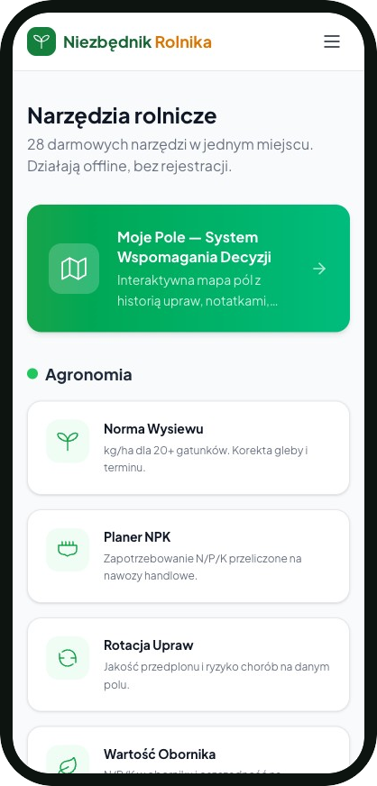 Real screen from the Niezbędnik Rolnika app — tools grid featuring Moje Pole, the interactive field map with crop history