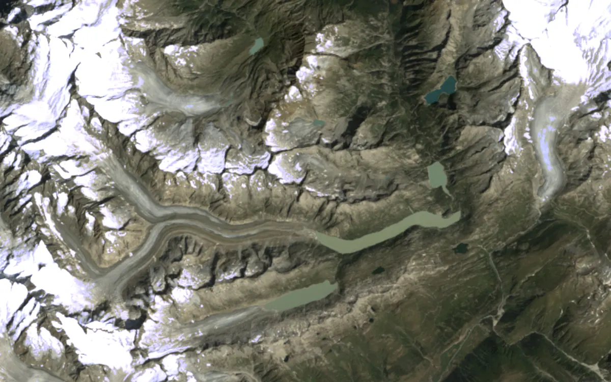 The Swiss Alps in August 1990: broad white fields of snow and firn, long glacier tongues.
