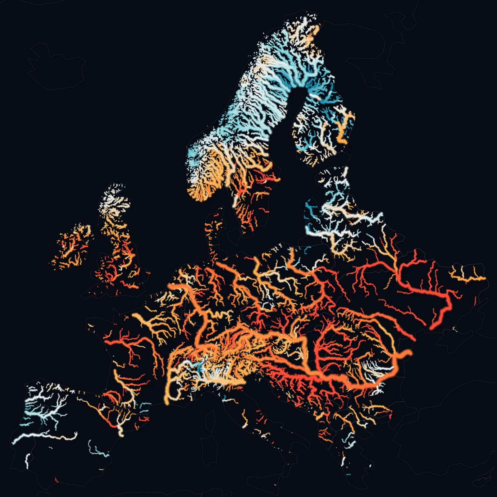 Map of European river stretches coloured by August 2026 flow as a percentage of normal: red and orange across the Danube basin, Germany, France and the Loire; white and blue in Scandinavia; white in Iberia.